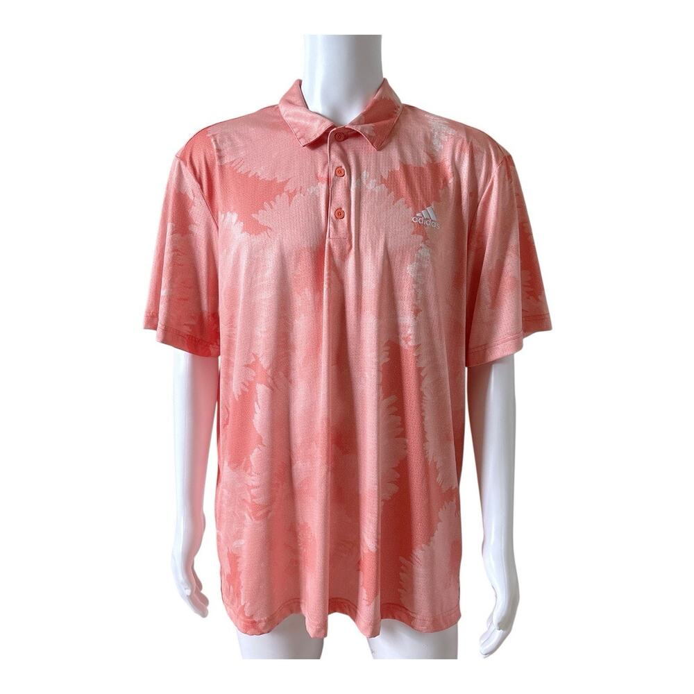 Adidas Golf Polo Shirt Mens 2XL Coral Pink Performance Print Short Sleeve Logo